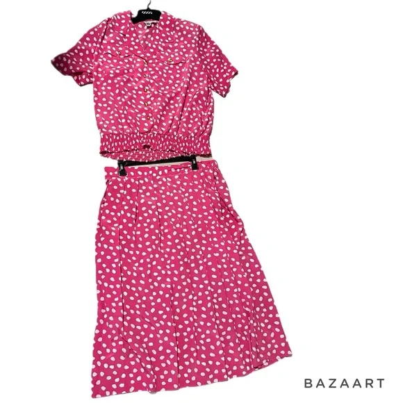 Vintage Lindsey Blake Pink & White Polka Dot 2 Piece Skirt & Blouse Set - Picture 7 of 7